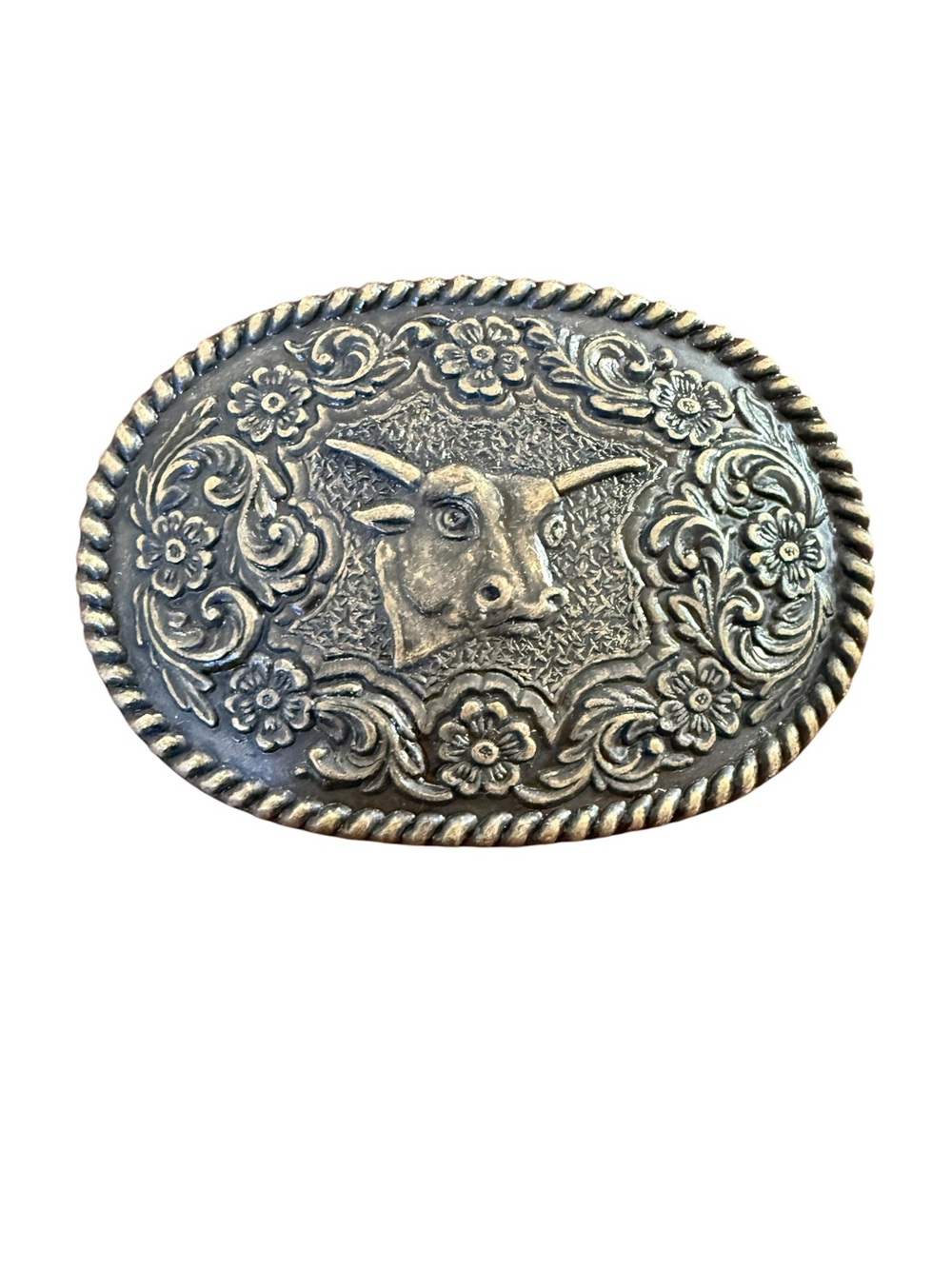 Vintage Brass-Tone Long Horn Cow Head Western Belt Buckle Twisted Rope